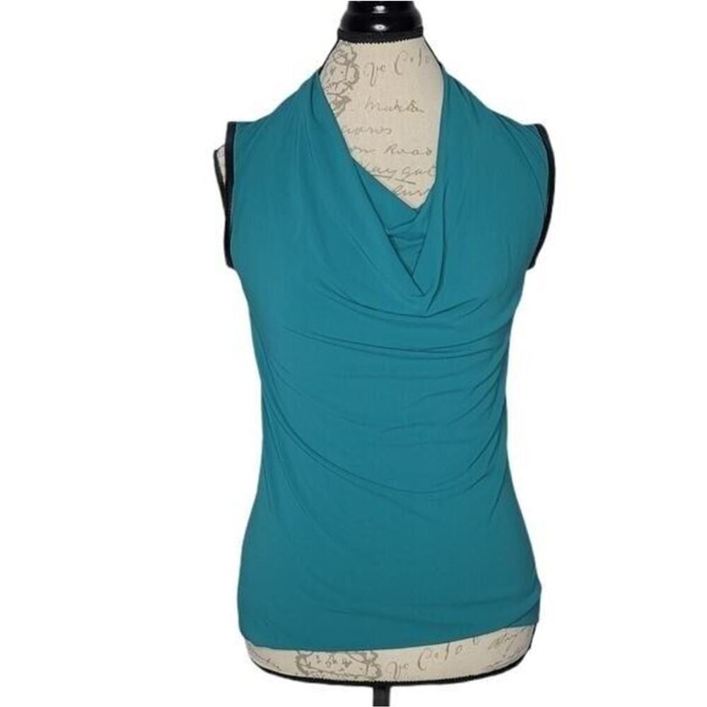 Cut25 by Yigal Azrouel Teal & Black Leather Trim Sleeveless Cowl Neck Top NEW XS